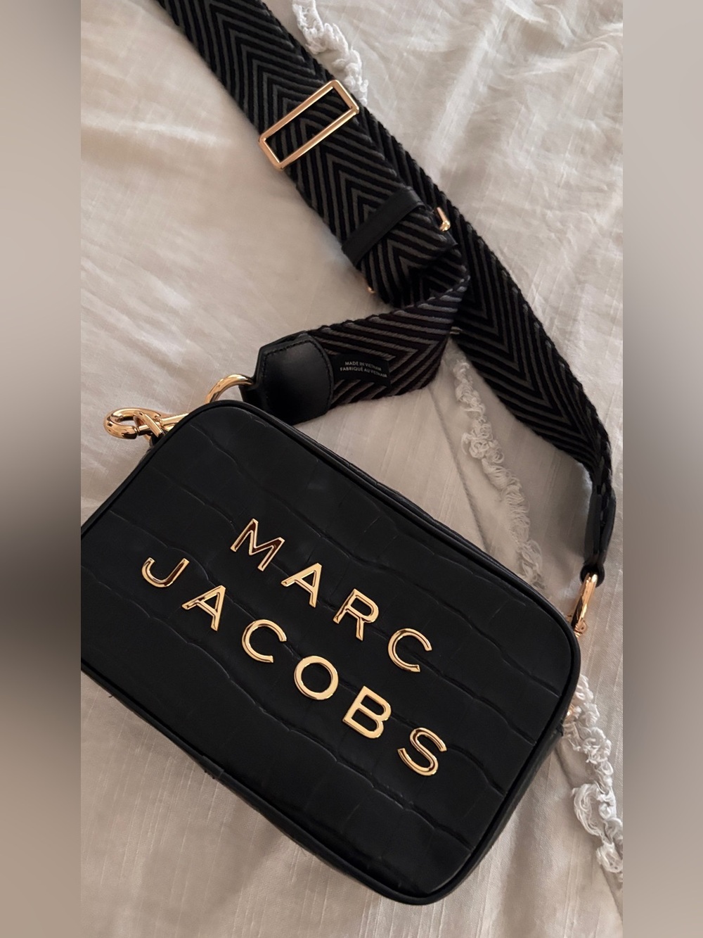 Marc Jacobs Black Croc-Embossed Camera Bag with Gold Lettering